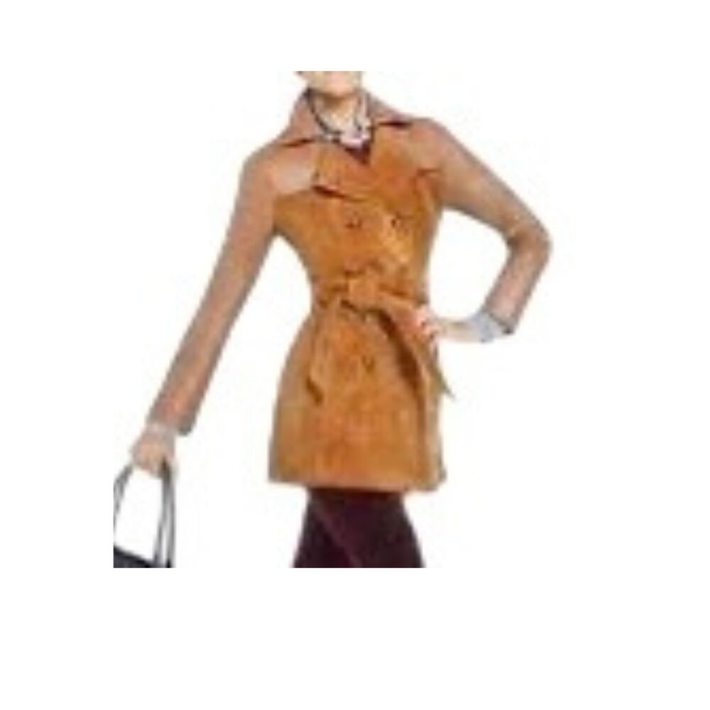 IMAN Platinum Luxe Leather Suede Belted Double Breasted Trench Coat Medium M